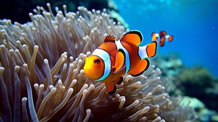 Naklejka na ściany i meble A colorful reef is home to vibrant clown fish.
