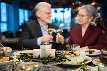 Elderly couple celebrating New Year Eve together clinking glasses with champagne