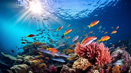 A stunning reef is the setting for a vibrant school of fish.