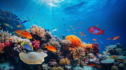 A stunning reef is the setting for a vibrant school of fish.
