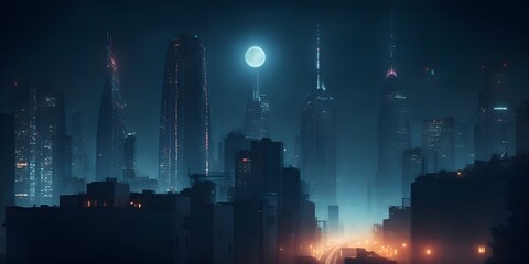 Urban Nocturne: A Background of Night City Lights, Illuminated Streets, and Sky-Piercing Skyscrapers