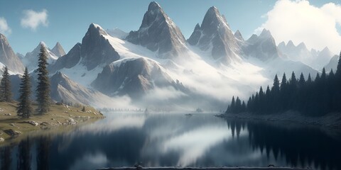 Snow-Capped Serenity: A Background of Majestic Mountains, Tranquil Lakes, and Luxuriant Forests