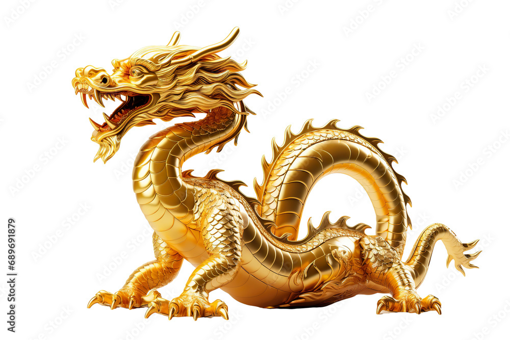 Wall mural China-style lucky dragon concept Belief in longevity. Dragon made of gold are believed to bring longevity on a white background