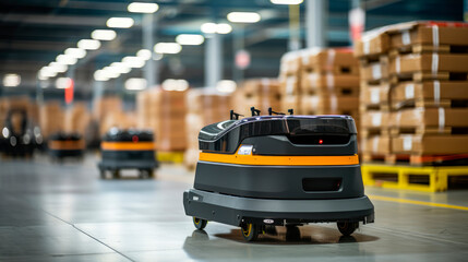 Automated Modern Retail Warehouse AGV Robots for Transporting Cardboard Boxes in Distribution Logistics Center.