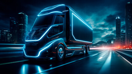 Futuristic electric autonomous truck on the modern city road - obrazy, fototapety, plakaty
