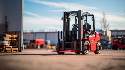 Red electric forklift outdoor, industrial warehouse on background.