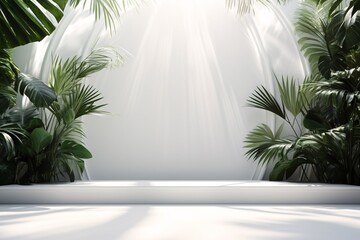 Minimalist studio setup for showcasing products, featuring a vacant space with window shadows, floral accents, and tropical foliage. 3D room with room for text. Summer performance with hazy backdrop.