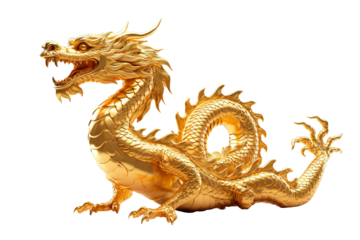 China-style lucky dragon concept Belief in longevity. Dragon made of gold are believed to bring longevity on a white background