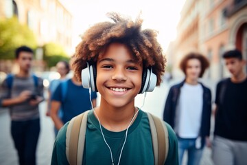 Genuine photo of cheerful adolescent male with orthodontics sporting earbuds gazing at viewer while surrounded by companions on city street, showcasing upbeat vibe and warm-weather theme. - obrazy, fototapety, plakaty