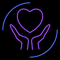 hands heart neon sign, modern glowing banner design, colorful modern design trends on black background. Vector illustration.