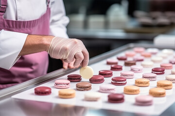 Obraz na płótnie Canvas Pastry chef creating delicate macarons, leaving space for quotes on French pastry art