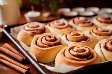 Baking cinnamon rolls in a home kitchen, with space for quotes on comfort baking