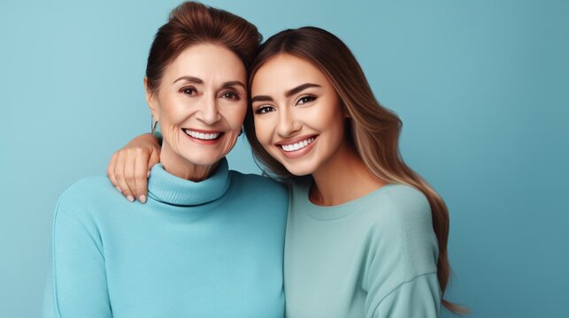 Smiling happy pleasant content senior mother with grown-up child daughter two ladies embracing embrace gaze at lens isolated on simple aqua blue background. Parent-child bonding idea.