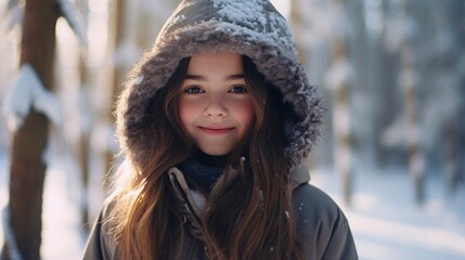 Adorable adolescent girl enjoying snowy woodland adventure on cold winter day. Young teenager discovering outdoors. Fun winter pastimes for children. - obrazy, fototapety, plakaty