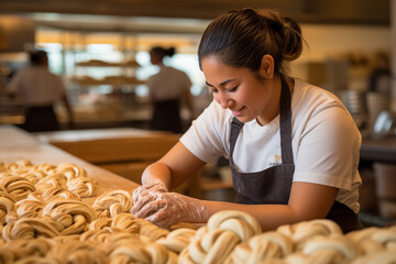 A baker braiding challah bread dough, with space for quotes on braided bread art