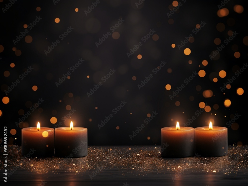 Poster a dreamy and gloomy black background with candles, a blurred bokeh background, a banner background s