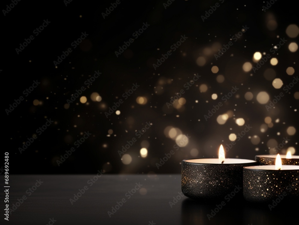 Poster a dreamy and gloomy black background with candles, a blurred bokeh background, a banner background s