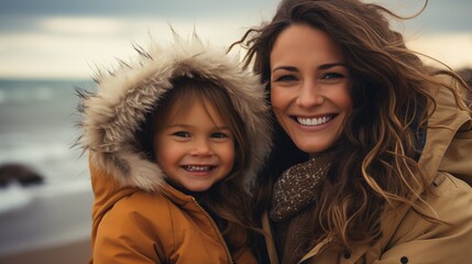 Joyful latina mom and daughter enjoying themselves at the seaside in the wintertime. - obrazy, fototapety, plakaty