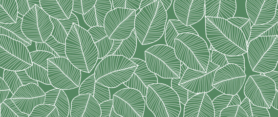 Tropical leaves wallpaper, nature leaf pattern design, white leaf lines, Hand drawn outline fabric, print, cover, banner and invitation, Vector illustration.