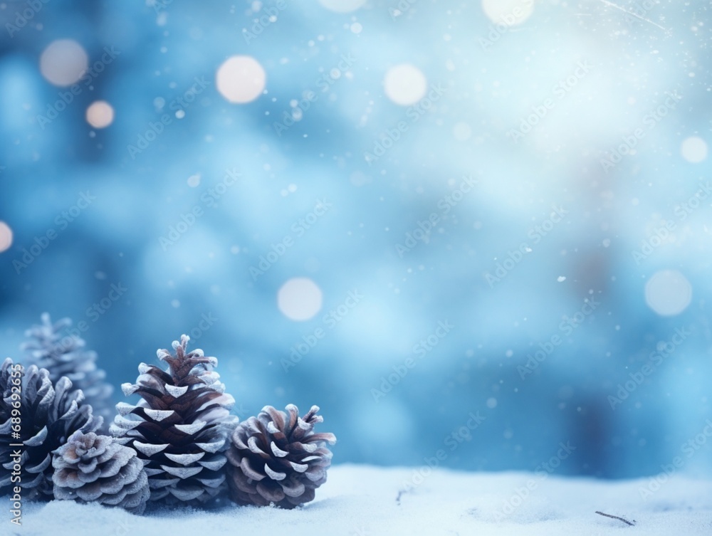 Poster a blue banner background image with snow flacks, pine cones, and autumn leaves, blurred bokeh backgr