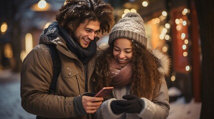 Multiracial couple in winter attire using phones outside, enthusiastic scholars utilizing their tech gadgets, idea of youthful entrepreneurism, sociable, trendy Millennial.