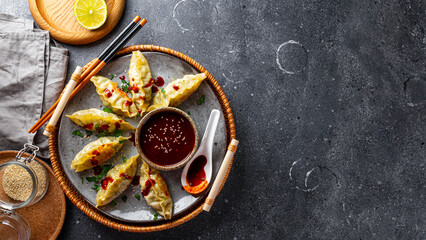 Asian dumplings with hot sauce on the grey background top view, web banner with copy space for text