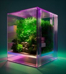 christmas tree in the room Cube, 4k, small modern house inside cube!, clear plastic, iridescent, studio photography!, solid color floor! solid color background! table top photography! realistic! 