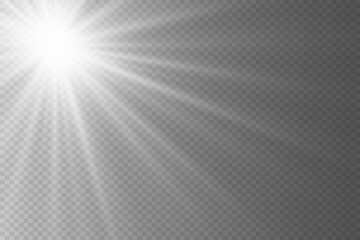 Glow light effect, bright sun. Vector transparent sunlight, special flare effect. Rays of the sun or spotlight. Bright flash. On a transparent background.