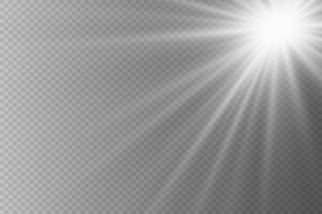 Glow light effect, bright sun. Vector transparent sunlight, special flare effect. Rays of the sun or spotlight. Bright flash. On a transparent background.