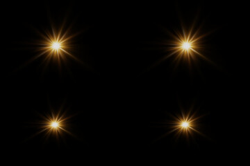 Set of highlights. Flashes of rays of light. The effect of glow, radiance, shine. Collection of various glowing sparks, stars. On a black background.	
