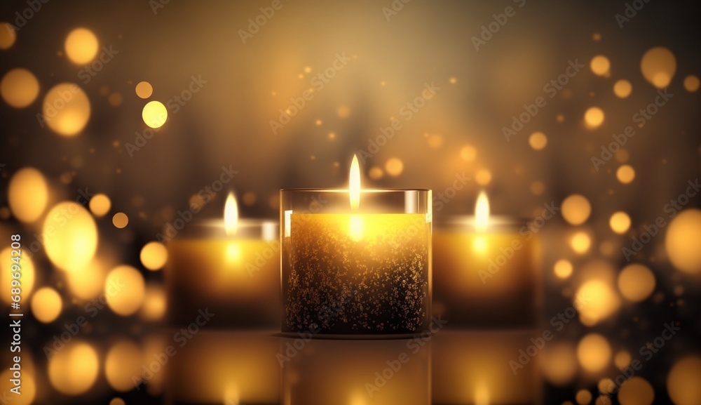 Poster a dreamy and gloomy yellow background with candles, a blurred bokeh background, a banner background 