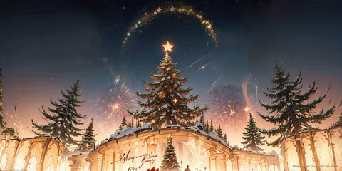 Christmas tree on the background of the night sky. Fireworks in the sky. New Year's banner