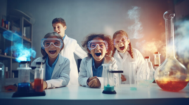 kids science testing in laboratory and surprise excite