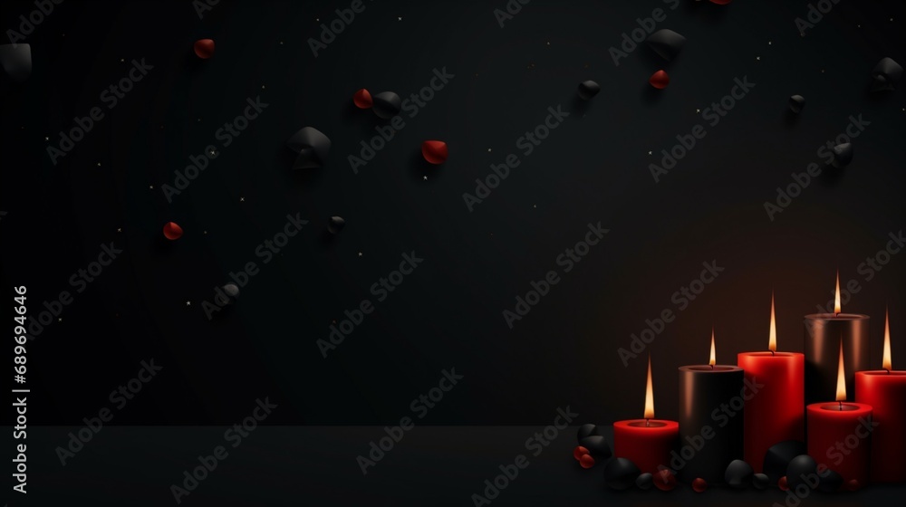 Poster a dreamy and gloomy black background with candles, a blurred bokeh background, a banner background s