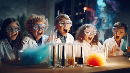 kids science testing in laboratory and surprise excite - Powered by Adobe