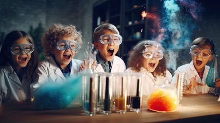 Fotobehang kids science testing in laboratory and surprise excite © kittikunfoto
