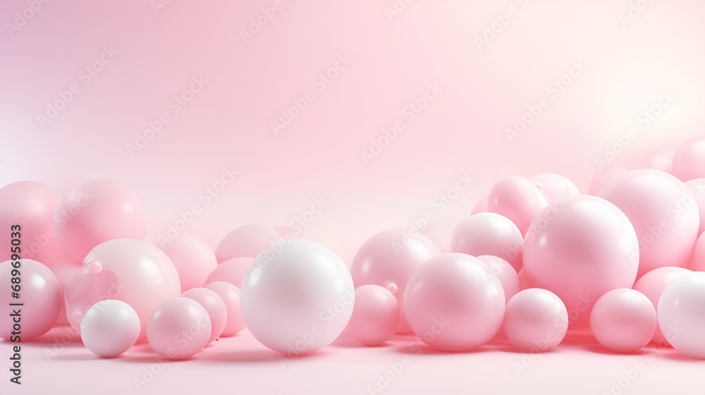 Poster soft pink pastel background, adorned with an array of balls and spheres in varying sizes, showcasing