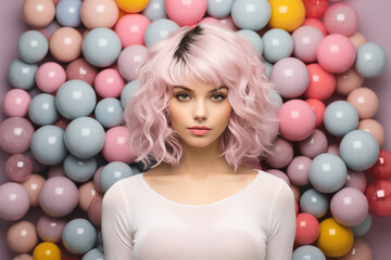 Fototapeta na wymiar Woman with pastel pink hair standing in front of wall of balls.