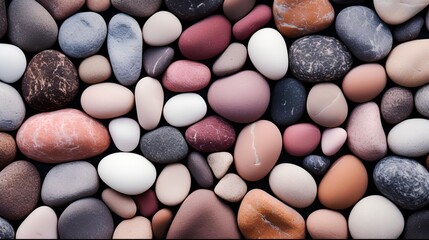 A highresolution image showcasing a serene background of smooth, rounded pebbles in soft, pastel hues, embodying a minimalist and aesthetic concept perfect for calm and soothing designs. - obrazy, fototapety, plakaty