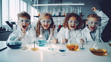 kids science testing in laboratory and surprise excite - obrazy, fototapety, plakaty