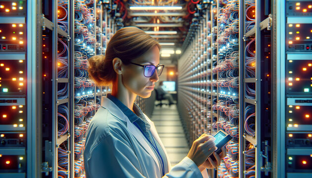 A female technician wearing glasses checks a electronic pad while monitoring the system in a room full of stacked super computers