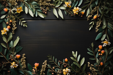 Green Botanical Frame on Wooden Background