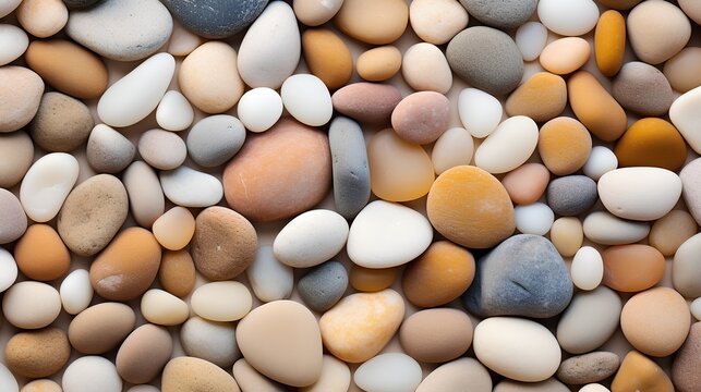 A highresolution image showcasing a serene background of smooth, rounded pebbles in soft, beige hues, embodying a minimalist and aesthetic concept perfect for calm and soothing designs.