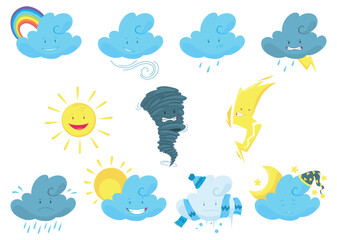 Cute weather icon set. Emotional weather forecast. Cute sun and happy clouds