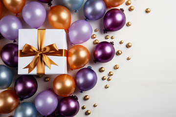 Colorful Holiday Decor Balloons and Gifts on a Bright Background