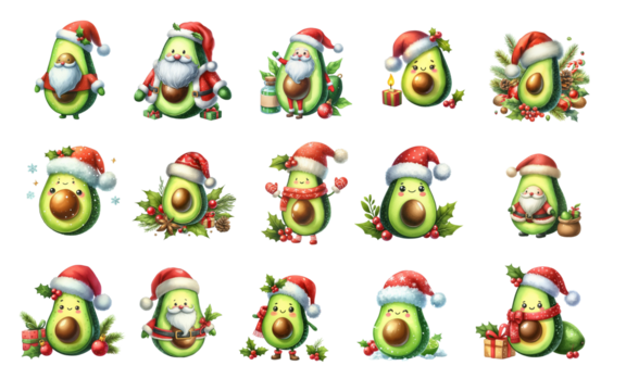 Watercolor Christmas avocado on white background.