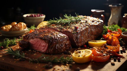 Closeup view of roasted beef brisket flat steak on a plate. Generative AI - obrazy, fototapety, plakaty