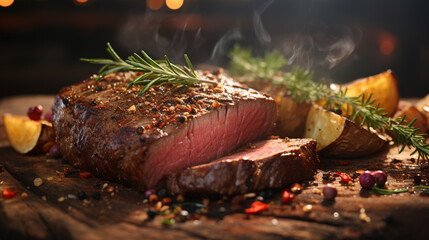 Closeup view of roasted beef brisket flat steak on a plate. Generative AI - obrazy, fototapety, plakaty