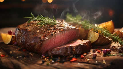 Fotobehang Closeup view of roasted beef brisket flat steak on a plate. Generative AI © Fuji