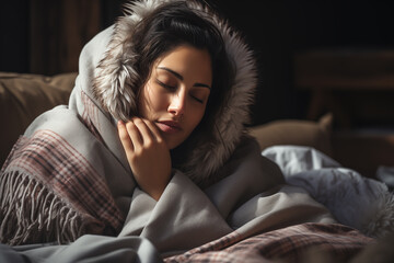 Obraz premium a young girl sits on the sofa wrapped in a blanket